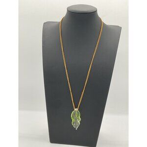 Gold-Tone Chain Necklace With Green Glass Leaf Pendant